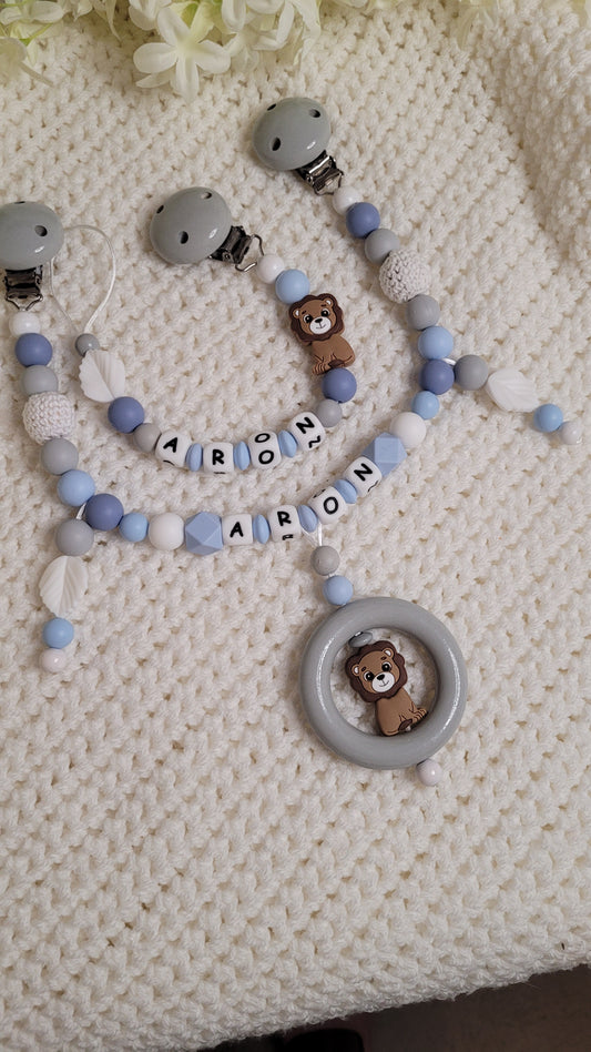 Kinderwagenkette & Schnullerkette Set Baby Löwe beige blau grau