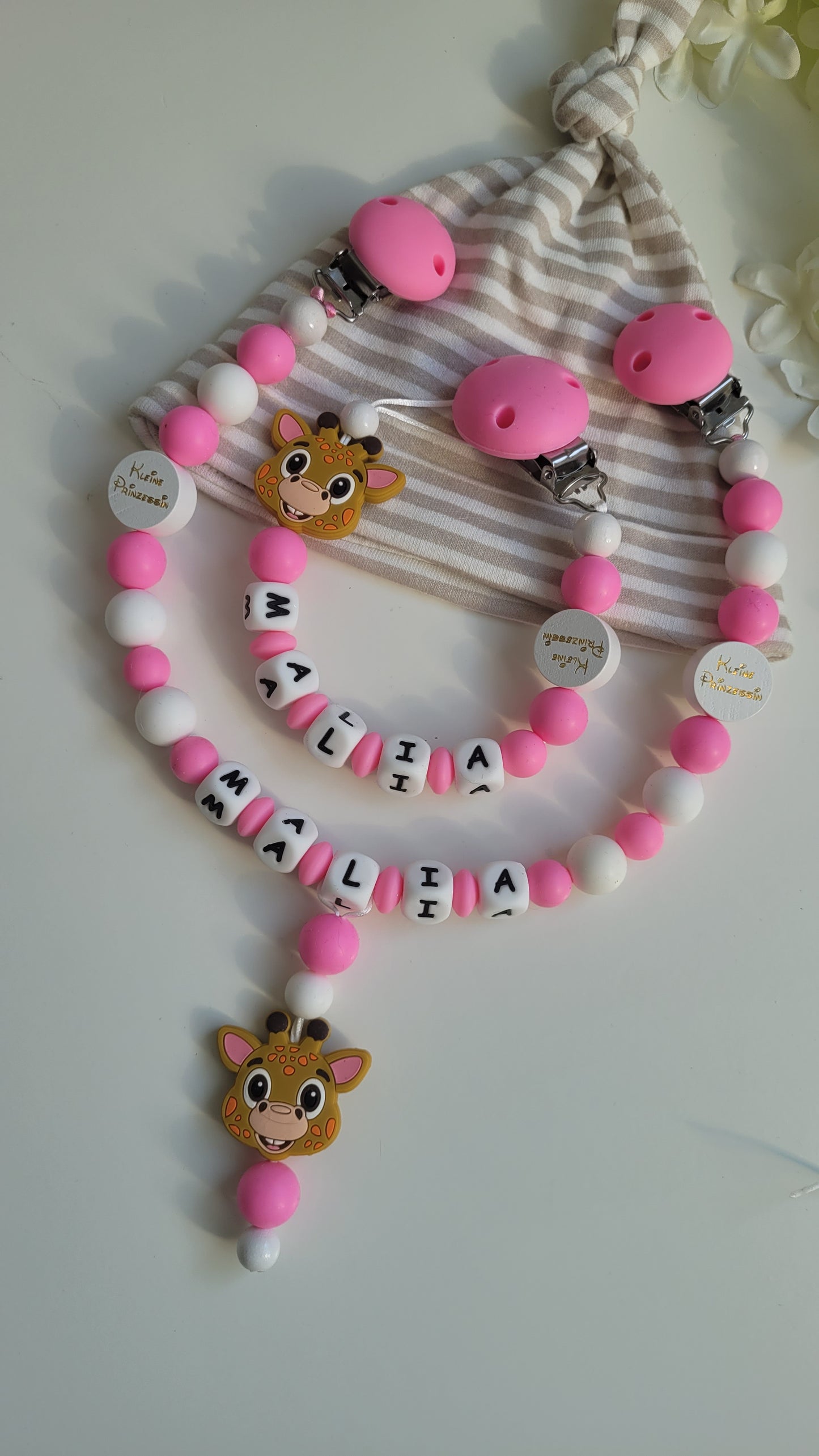 Kinderwagenkette & Schnullerkette mit Namen *Giraffe* pink