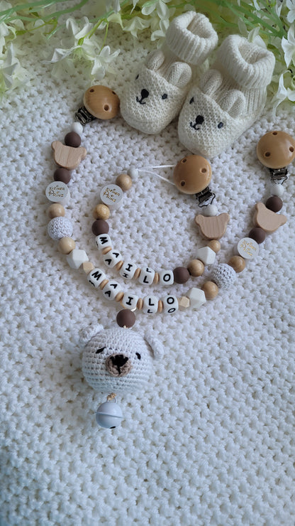 Kinderwagenkette & Schnullerkette Set Baby Teddy für Jungen braun weiss holz