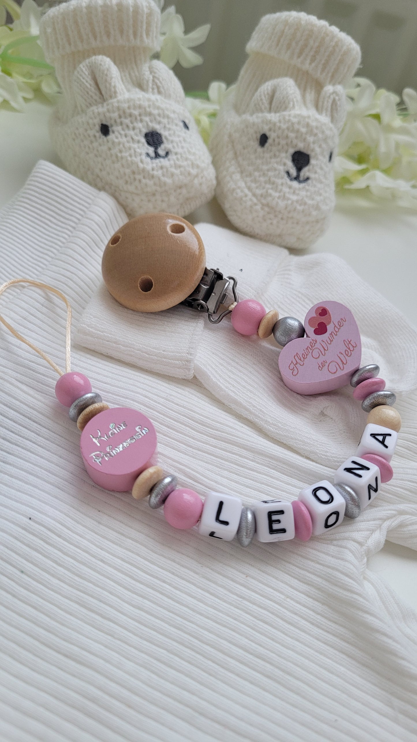 Schnullerkette mit Namen für Mädchen Kleine Prinzessin rosa silber