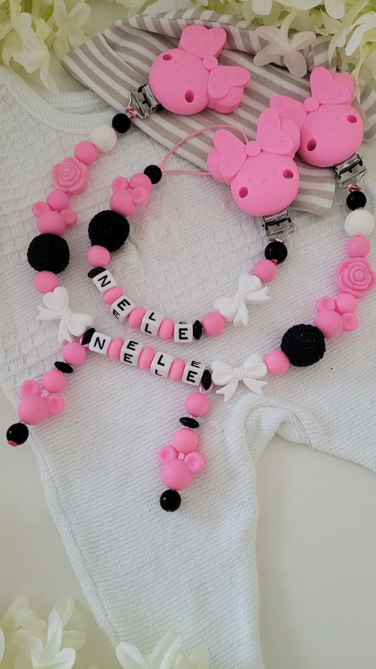 Kinderwagenkette & Schnullerkette *Maus pink schwarz*