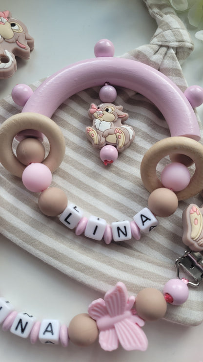 3tlg.Set Schnullerkette Kinderwagenkette & Greifring Hase Schmetterling rosa taupe