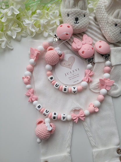 Kinderwagenkette & Schnullerkette Set mit Namen Schleifen Mäuse apricot weiß Silikon | personalisiert