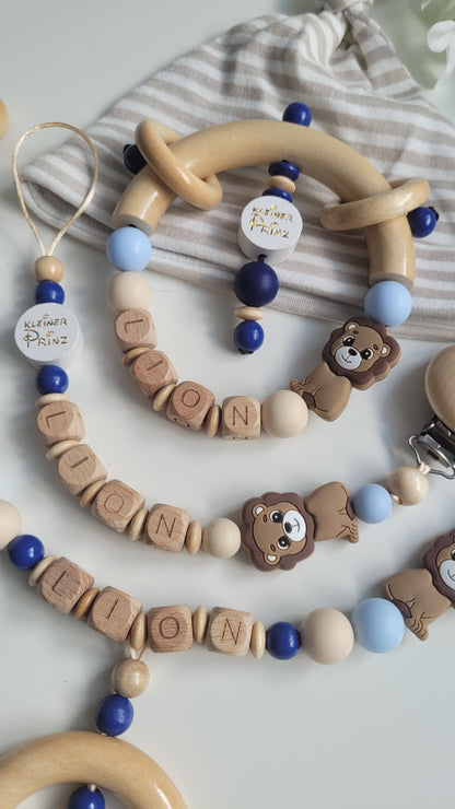 Mega 3tlg Set Schnullerkette Kinderwagenkette Greifling  Löwe blau braun