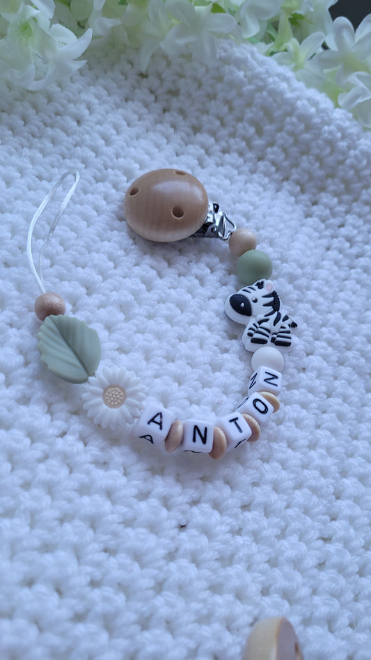 Schnullerkette mit Namen Zebra grün holz