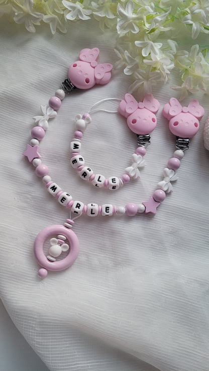 Kinderwagenkette & Schnullerkette mit Namen für Mädchen Maus rosa