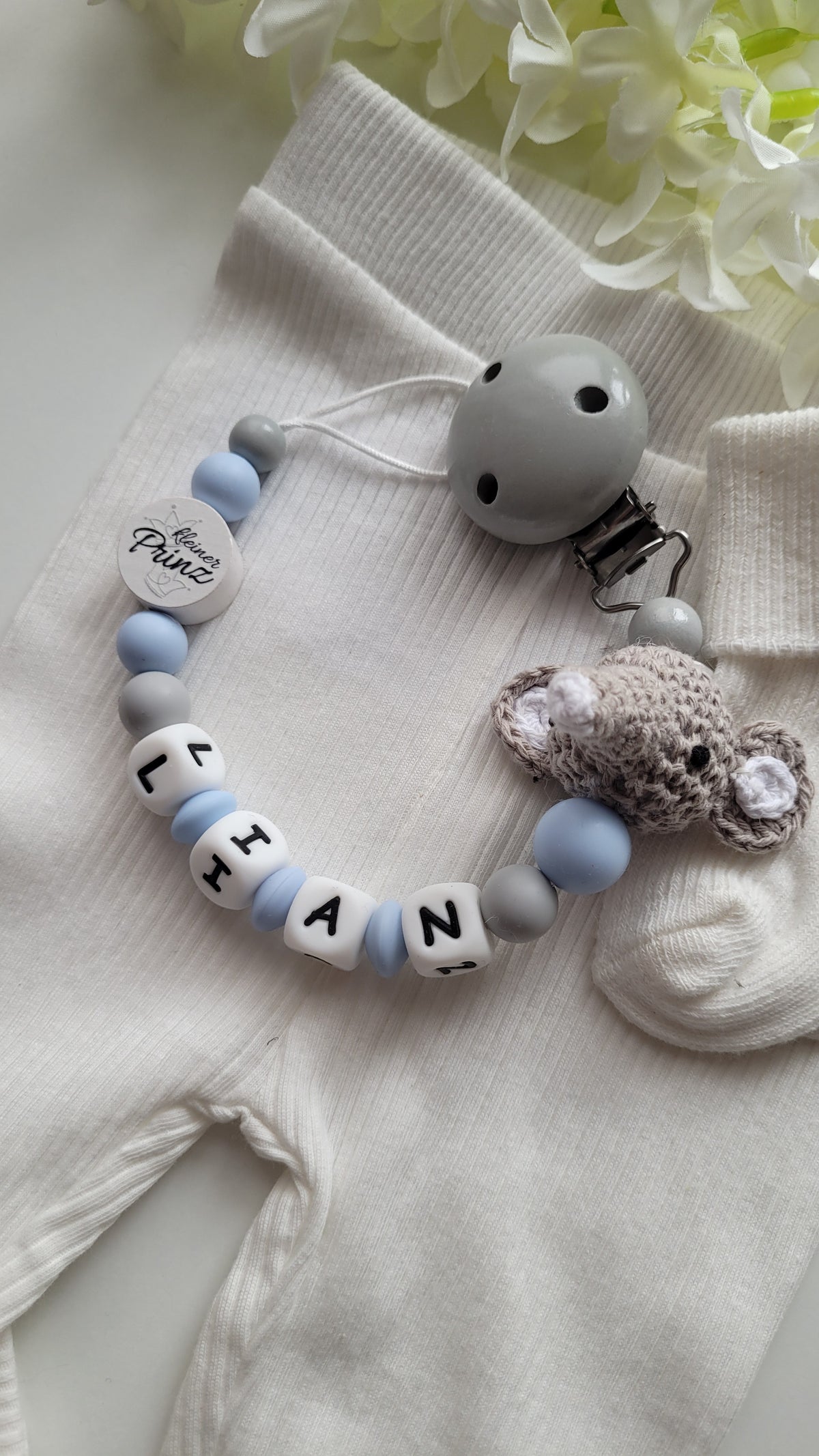 Schnullerkette mit Namen Jungen Elefant gehäkelt blau grau | personalisiert