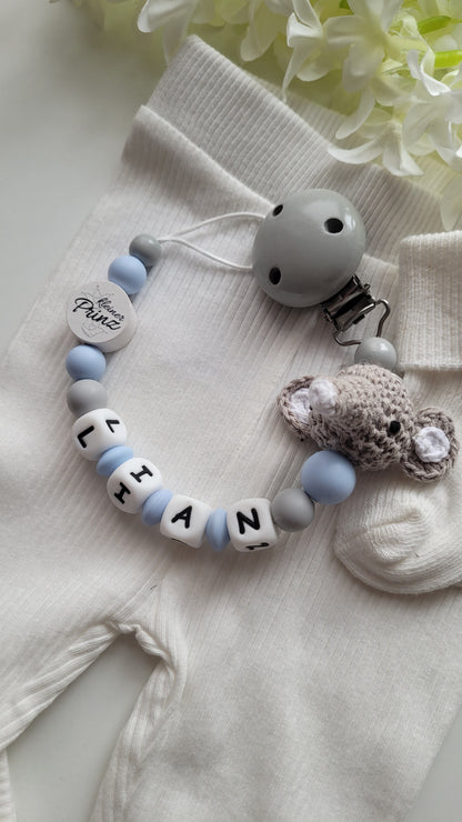 Schnullerkette mit Namen Jungen Elefant gehäkelt blau grau | personalisiert