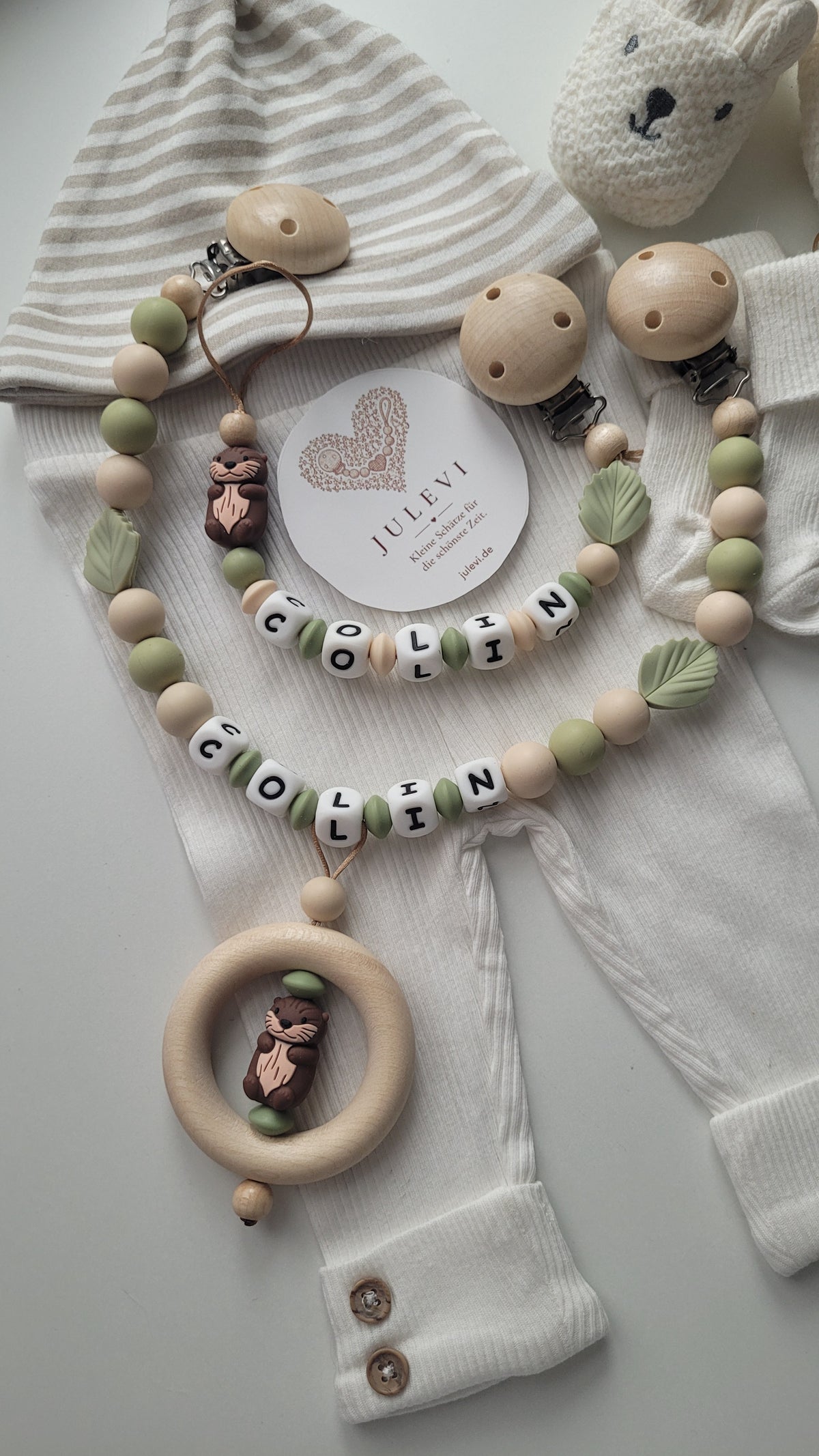 Kinderwagenkette & Schnullerkette Set Baby Otter beige braun grün | personalisiert