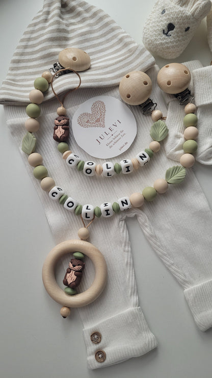 Kinderwagenkette & Schnullerkette Set Baby Otter beige braun grün | personalisiert