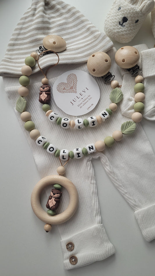 Kinderwagenkette & Schnullerkette Set mit Namen Otter beige braun grün Silikon Holz | personalisiert