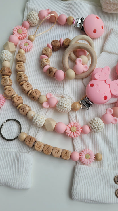 4tlg Traumset Schnullerkette Kinderwagenkette  Greifring und Schlüsselanhänger Maus apricot