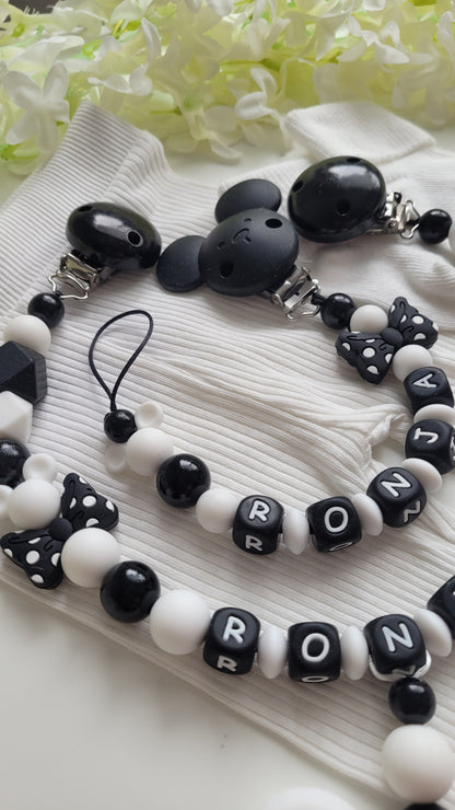 Komplett Set 3tlg Schnullerkette Kinderwagenkette Greifring mit Namen Maus schwarz weiß