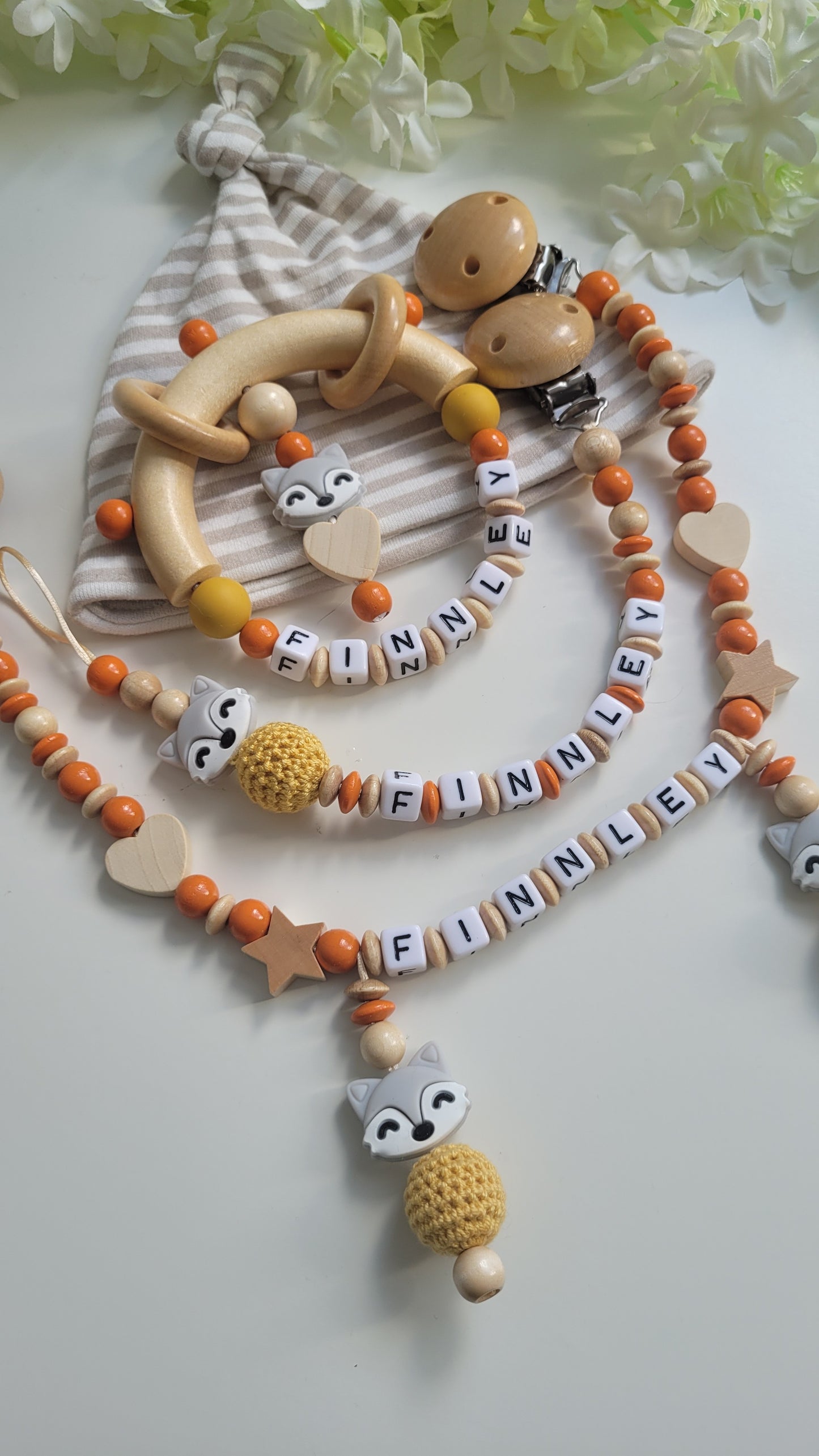 3tlg.Set Schnullerkette Kinderwagenkette & Greifring Fuchs orange holz