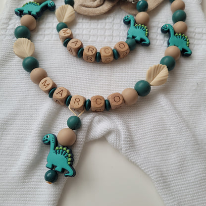 Kinderwagenkette & Schnullerkette mit Namen Dino petrol holz