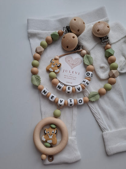 Kinderwagenkette & Schnullerkette Set mit Namen Löwe grün beige Blatt personalisiert