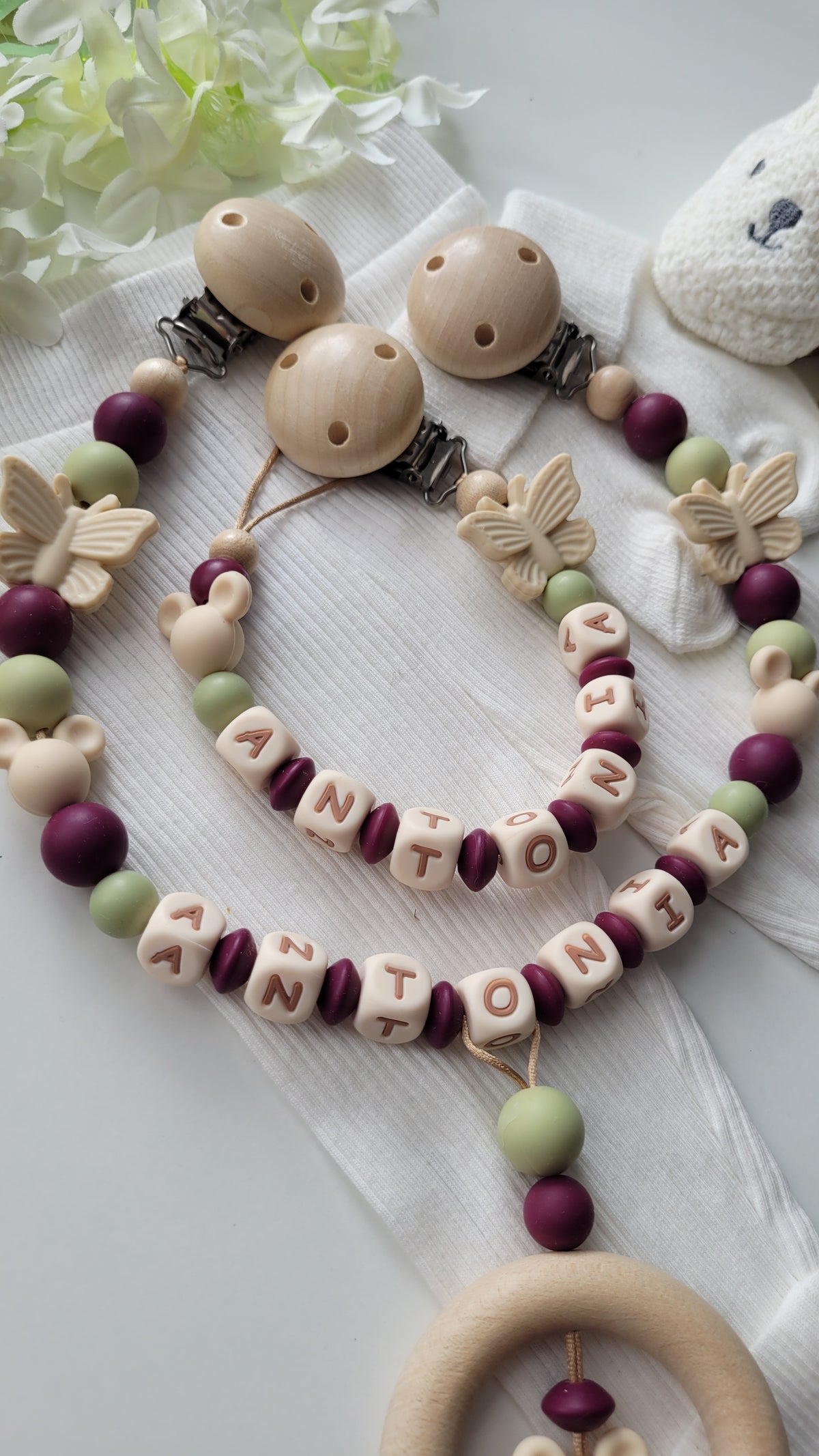 Kinderwagenkette & Schnullerkette Set mit Namen Maus Schmetterling brombeer beige grün Silikon Holz | personalisiert