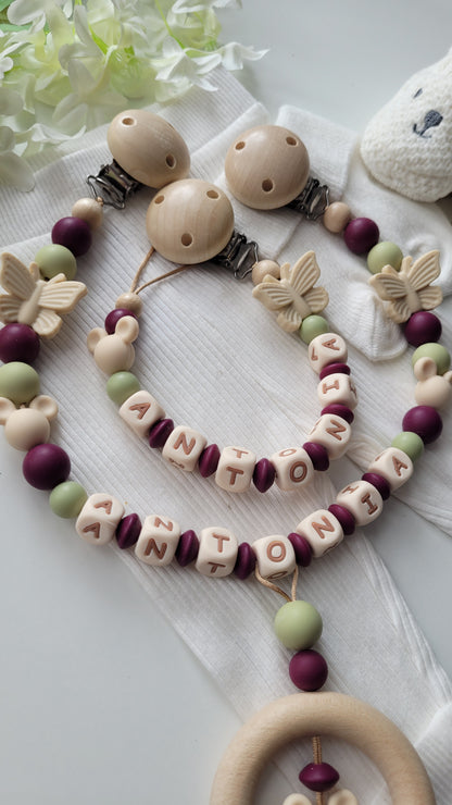 Kinderwagenkette & Schnullerkette Set mit Namen Maus Schmetterling brombeer beige grün Silikon Holz | personalisiert