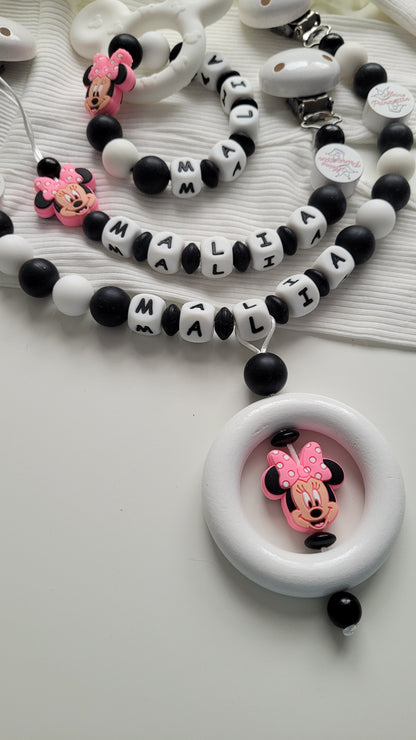 Komplett Set 3tlg Schnullerkette Kinderwagenkette Greifring mit Namen Minnie Maus schwarz weiß