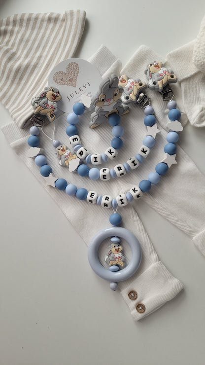 3tlg Set Schnullerkette Kinderwagenkette Beissring mit Namen Hase Wolken Sterne blau | personalisiert