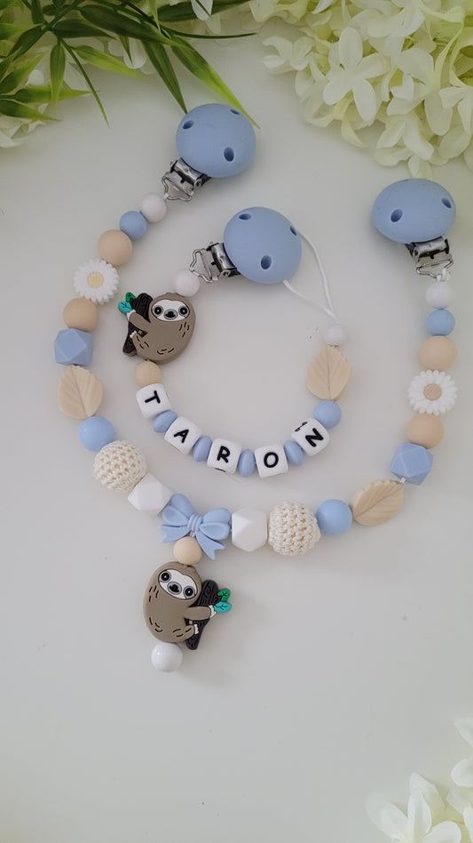 Kinderwagenkette & Schnullerkette *Faultier* blau beige