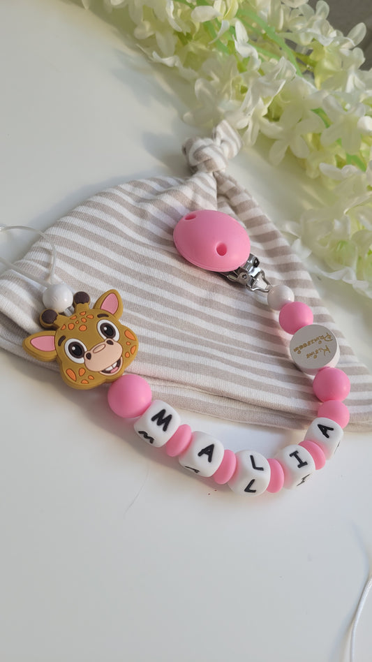 Schnullerkette mit Namen für Mädchen Pink Giraffe kleine Prinzessin