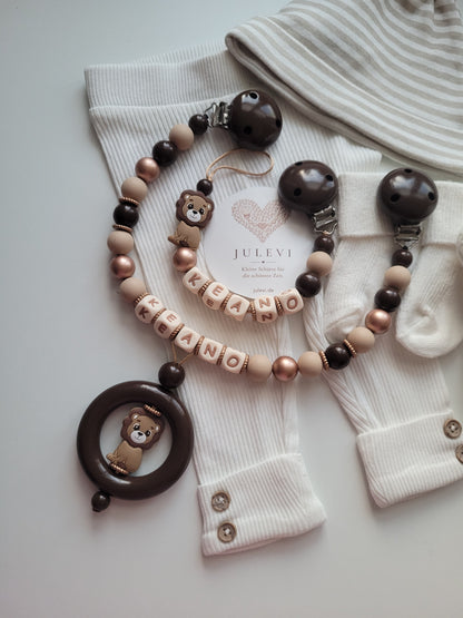 Kinderwagenkette & Schnullerkette Set mit Namen Löwe gold braun | personalisiert