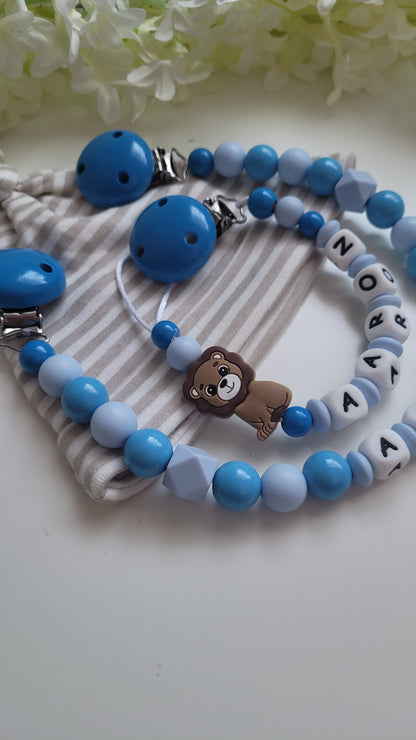 Kinderwagenkette & Schnullerkette mit Namen Löwe blau