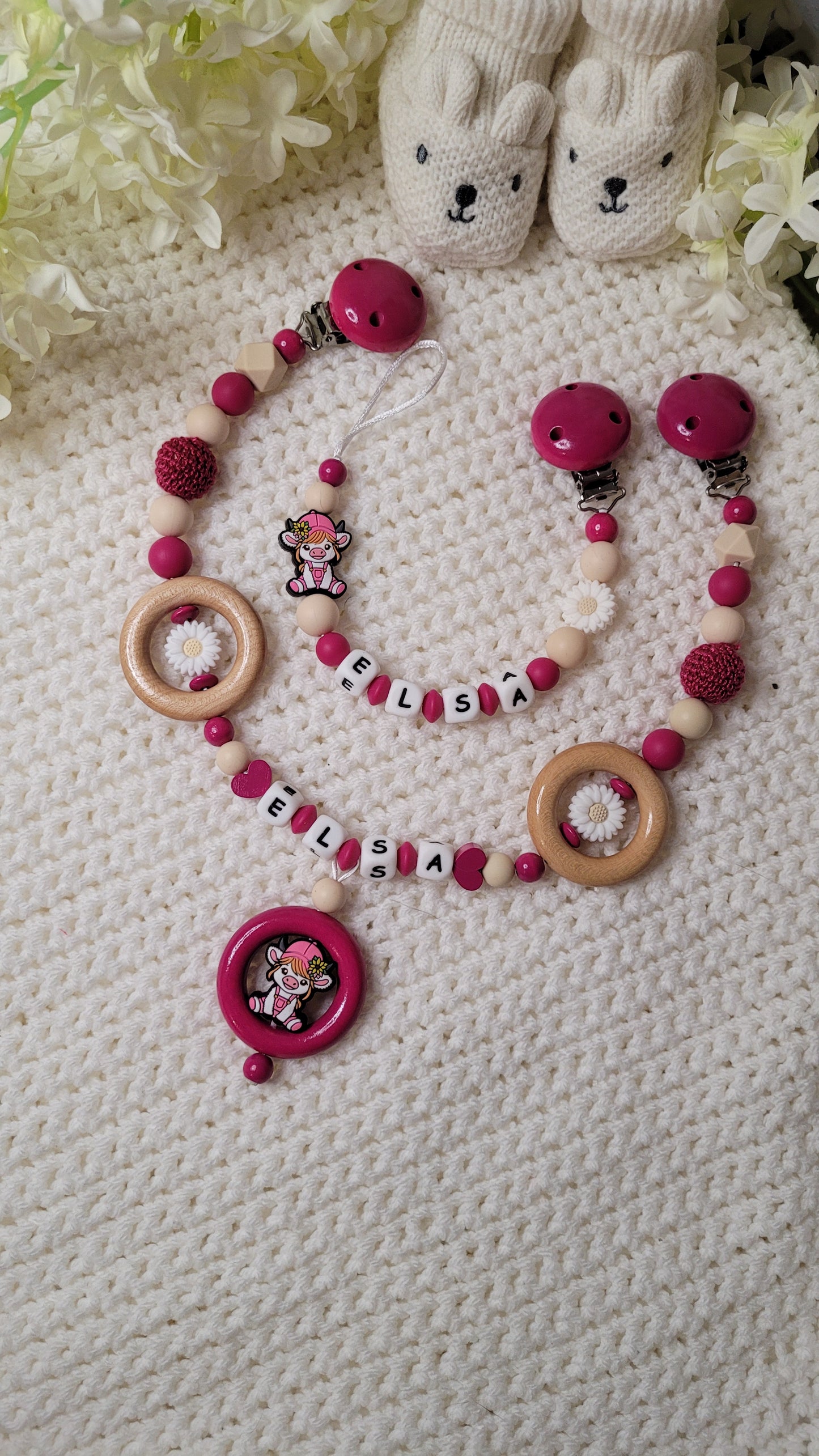 Kinderwagenkette & Schnullerkette mit Namen für Mädchen kuh