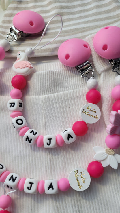 3er Set Schnullerkette Kinderwagenkette & Greifring Schwan & Blumen pink