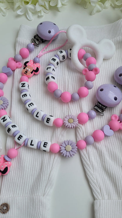 3tlg Set Pink flieder Maus Schnullerkette Kinderwagenkette und Greifring