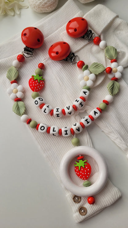 Kinderwagenkette & Schnullerkette mit Namen Erdbeere & Blume
