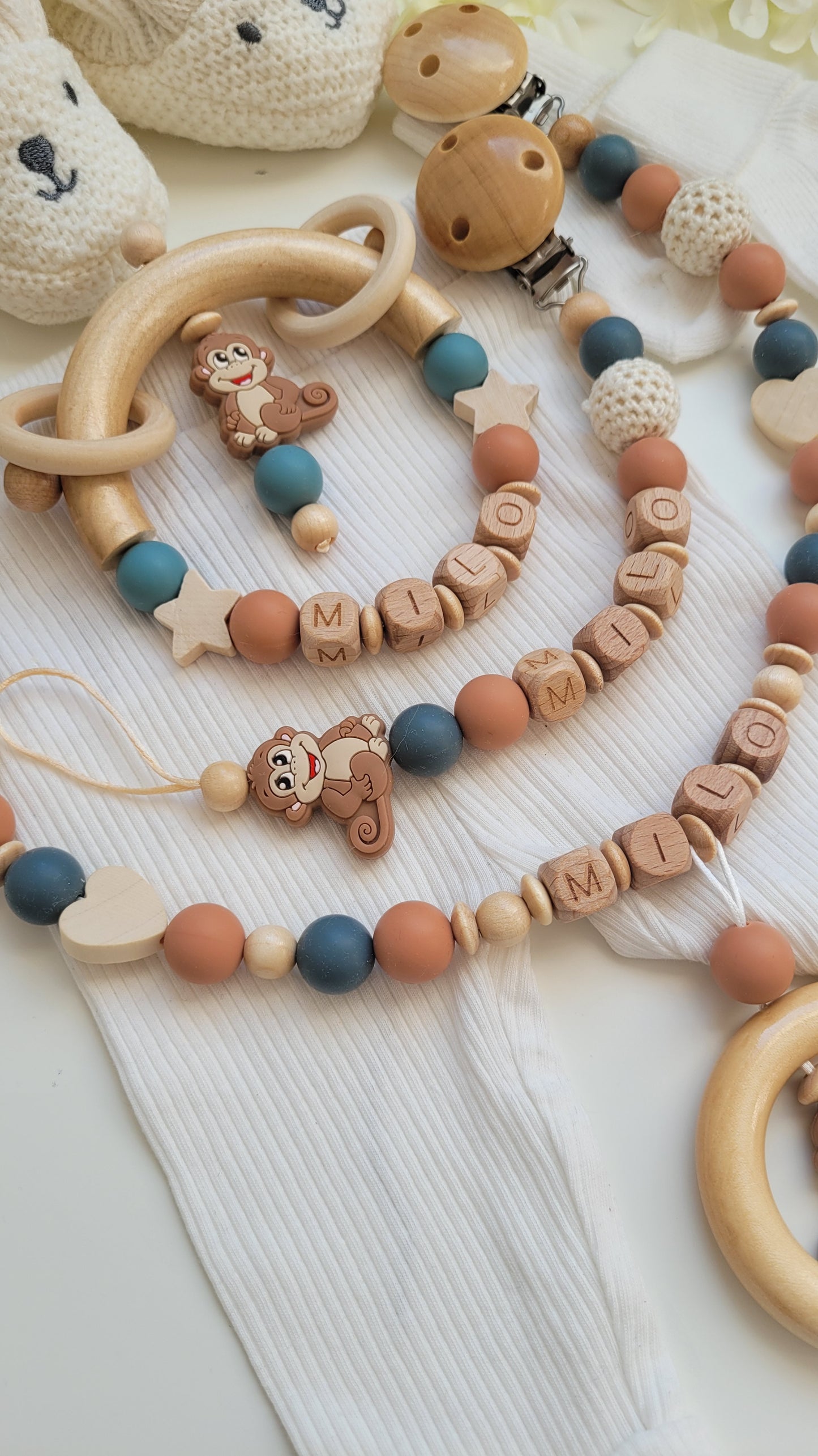 3tlg Set Schnullerkette Kinderwagenkette Greifling personalisiert