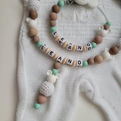 Kinderwagenkette & Schnullerkette mit Namen *Maus* beige weiss mint