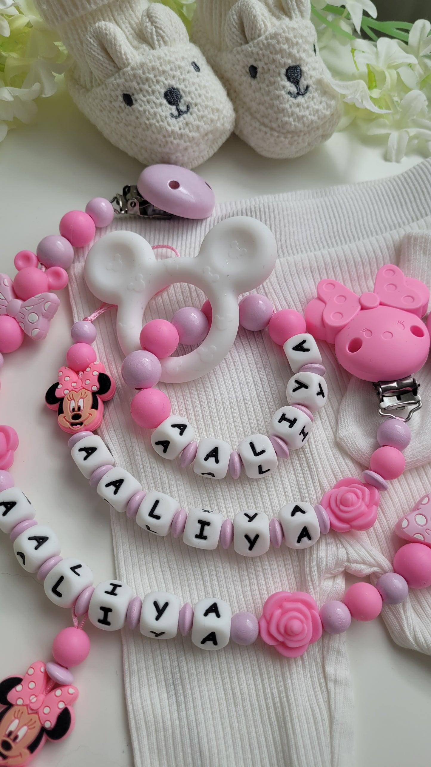 3tlg Set Pink Maus Schnullerkette Kinderwagenkette und Greifring