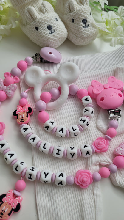 3tlg Set Pink Maus Schnullerkette Kinderwagenkette und Greifring