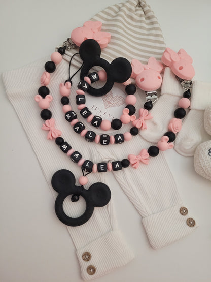 3er Set Schnullerkette, Kinderwagenkette & Greifring mit Namen Maus Rosen Schleifen schwarz peach