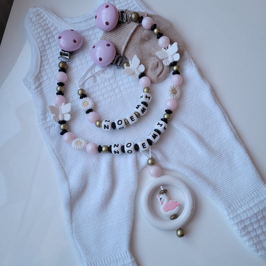 Kinderwagenkette & Schnullerkette mit Namen Schwan Schmetterling rosa schwarz gold