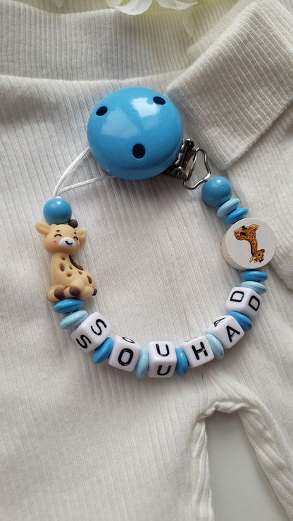 Schnullerkette mit Namen Jungen Giraffe blau | personalisiert
