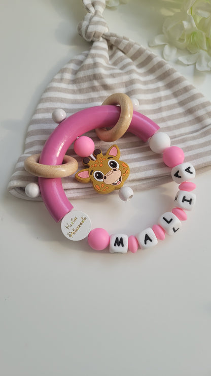 3tlg.Set Schnullerkette Kinderwagenkette & Greifring Giraffe pink
