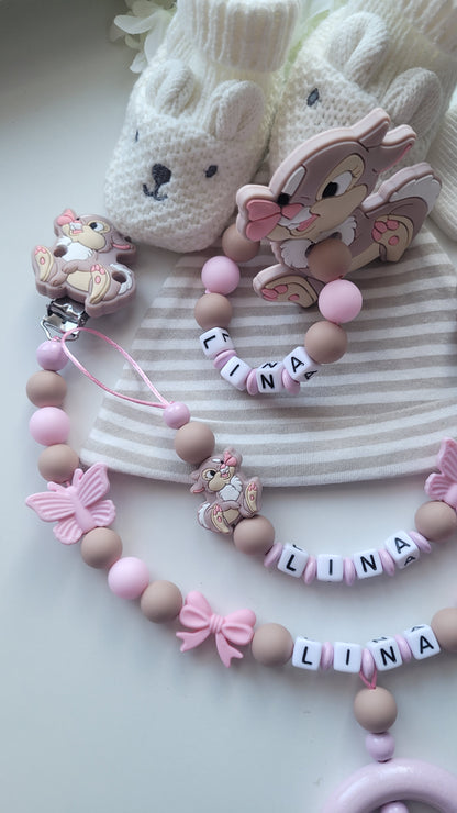 3tlg Set Schnullerkette Kinderwagenkette Beissring Hase Schmetterling rosa taupe