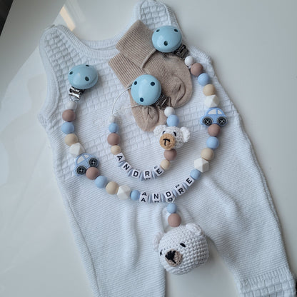 Kinderwagenkette & Schnullerkette mit Namen Auto Teddybear blau beige
