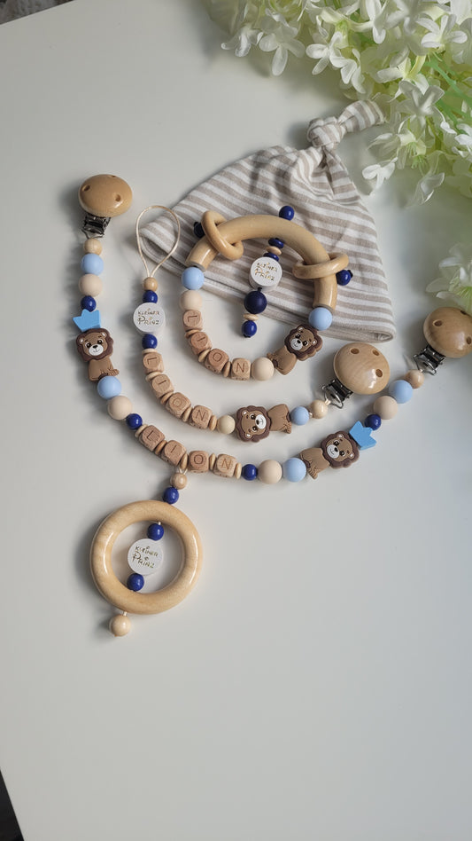 Mega 3tlg Set Schnullerkette Kinderwagenkette Greifling  Löwe blau braun
