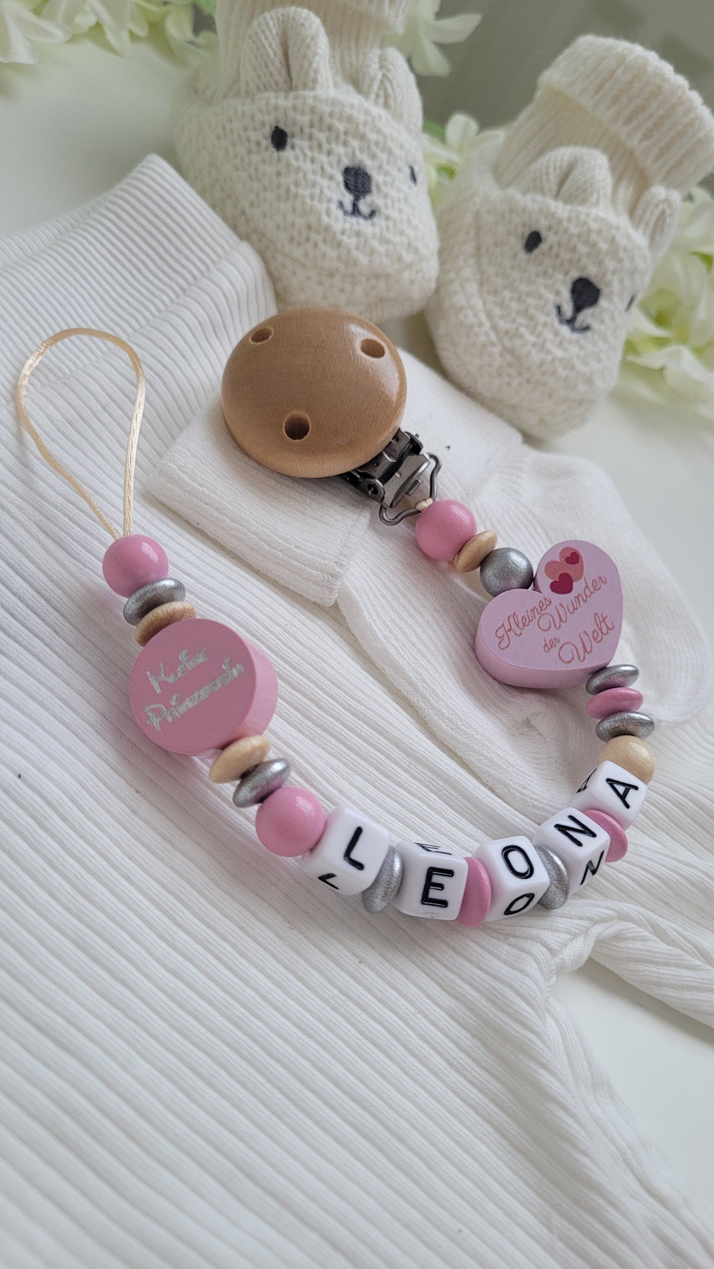 Schnullerkette mit Namen für Mädchen Kleine Prinzessin rosa silber