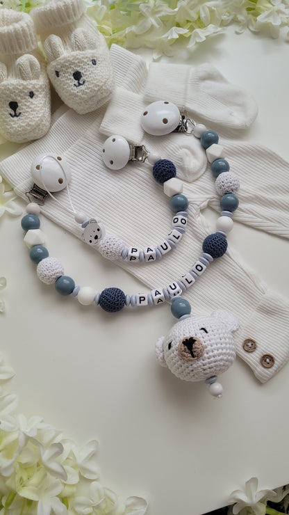 Kinderwagenkette & Schnullerkette mit Namen weiß rauchblau