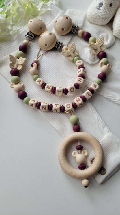 Kinderwagenkette & Schnullerkette Set mit Namen Maus Schmetterling brombeer beige grün Silikon Holz | personalisiert