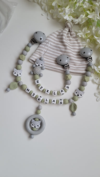 3tlg.Set Schnullerkette Kinderwagenkette & Greifring mit Namen Fuchs grün grau