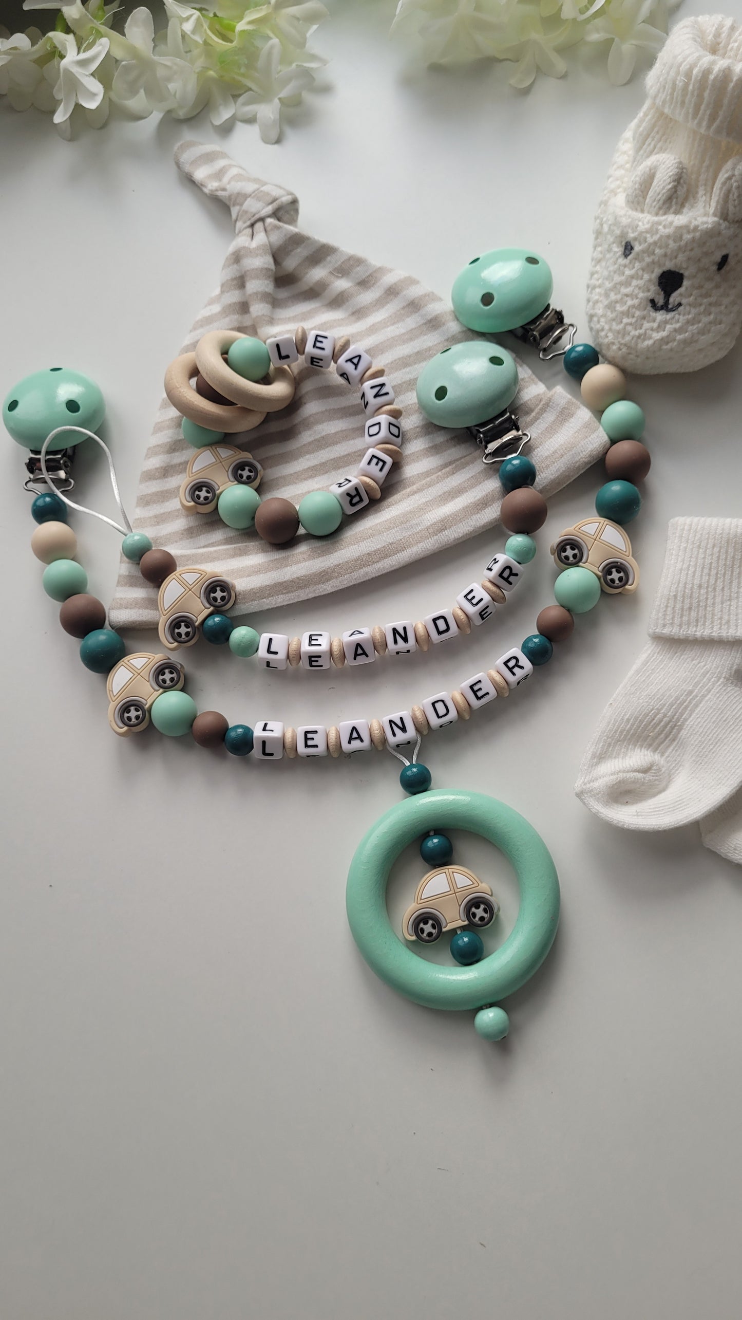3er Set Schnullerkette Kinderwagenkette & Beissring mit Namen Autos mint petrol braun