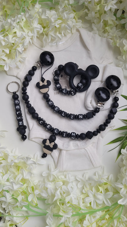 4 tlg Set Schnullerkette Kinderwagenkette Greifring & Schlüsselanhänger Minnie beige black