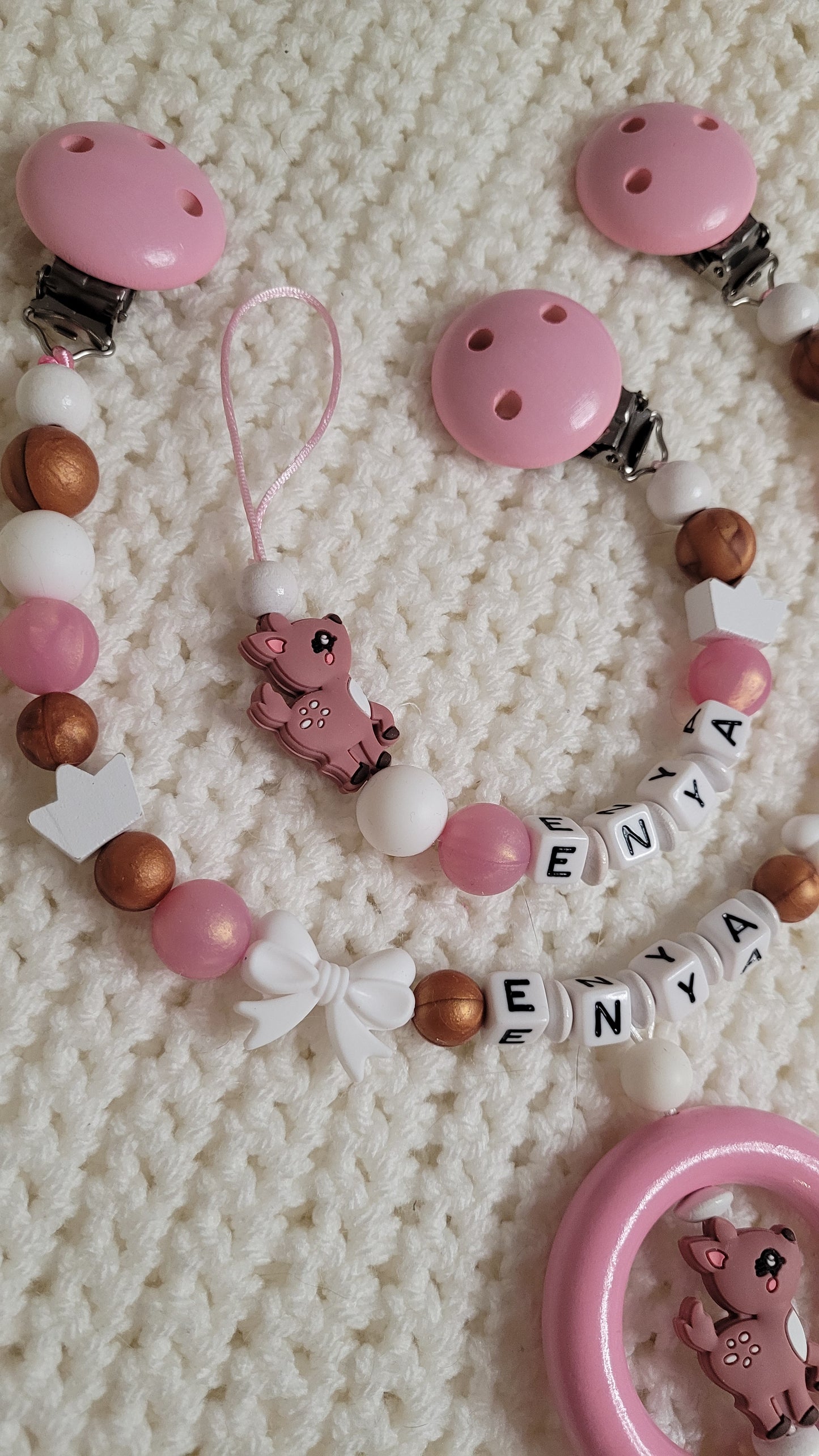 Kinderwagenkette & Schnullerkette mit Namen Mädchen Rehe Rosa Perlmutt Kupfer